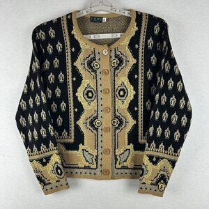 CENY WOMEN'S RUG PRINT ACRYLIC SWEATER LONG SLEEVE BUTTO-UP VINTAGE SIZE S